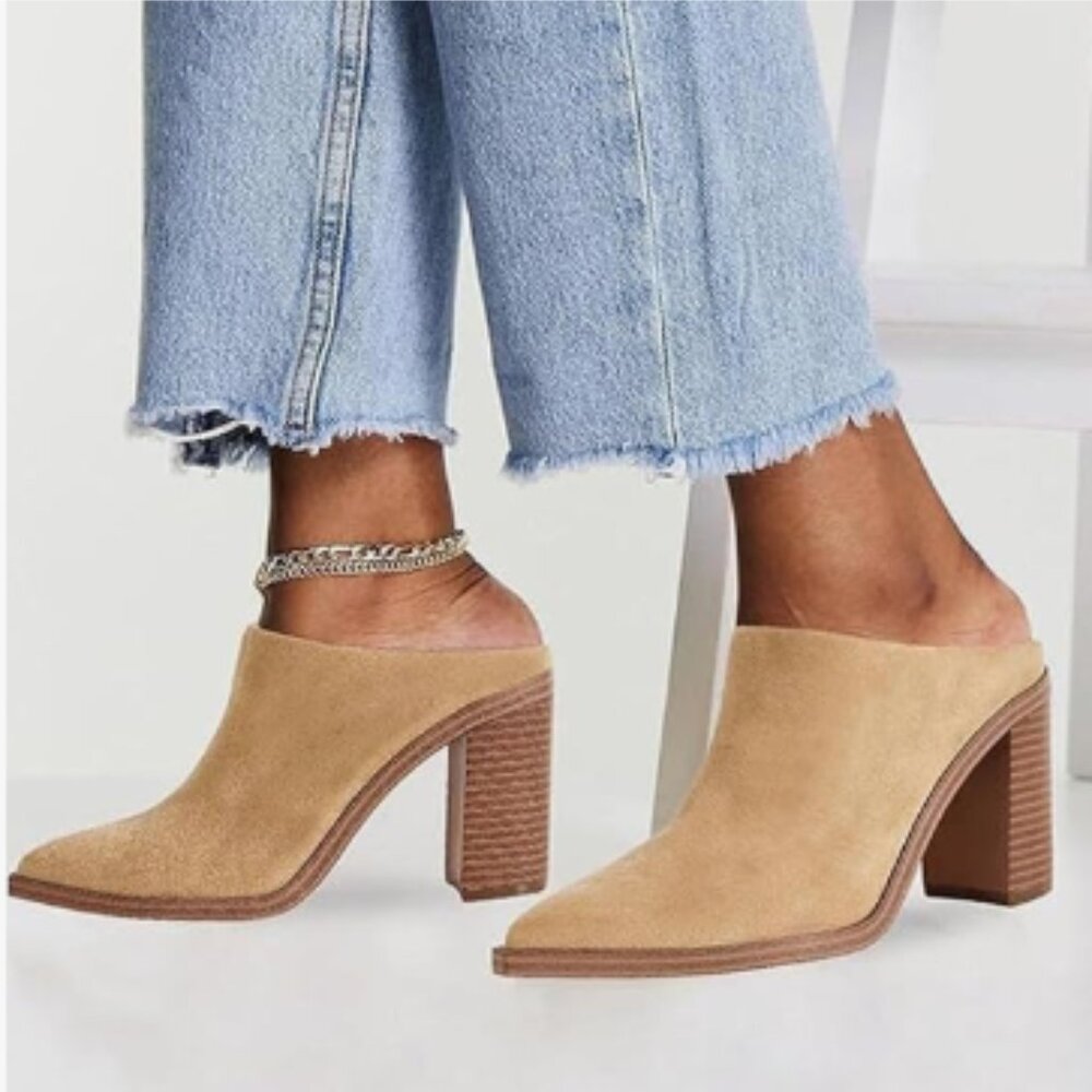 FOWT Camel Pointed Toe Slip On Mules Stacked Block High Heel Sandal